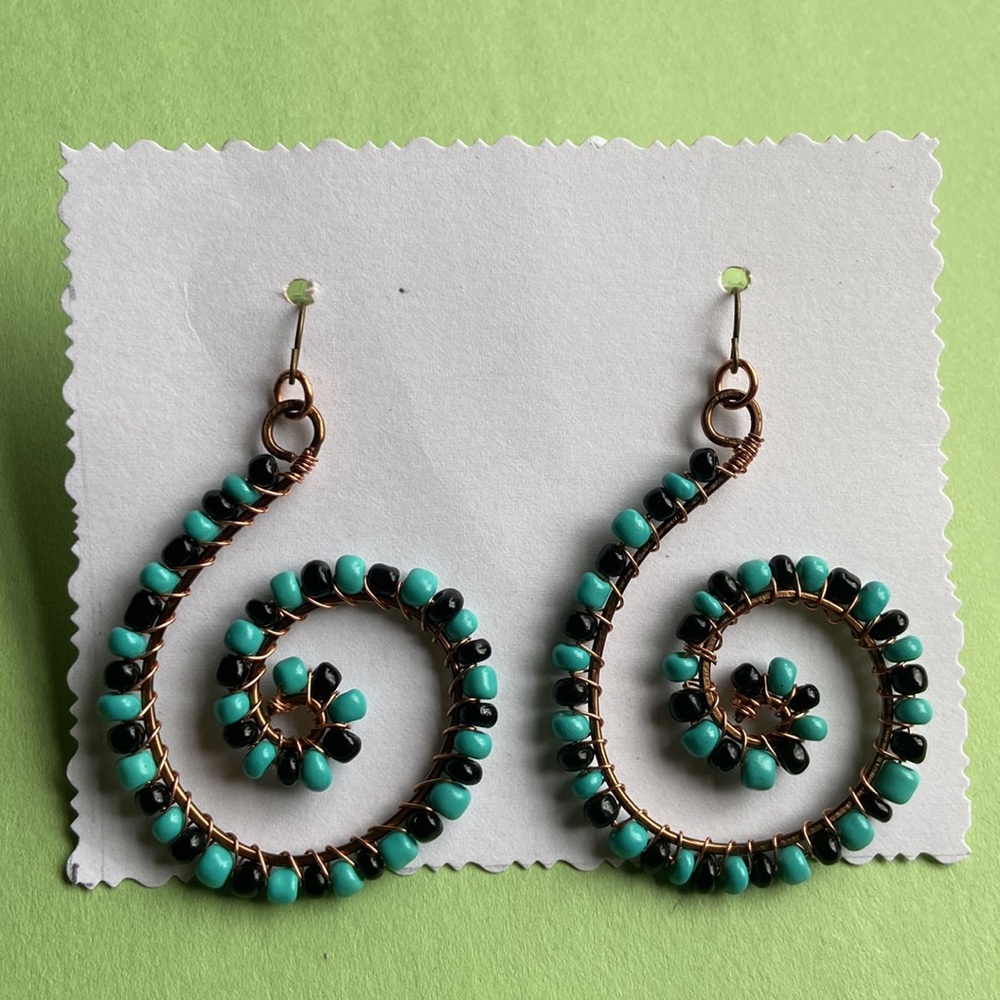 Handmade Spiral Wrapped Hoop Earring Black Turquoise Beads Copper Wire